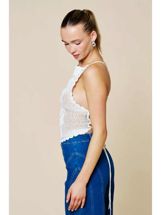 Floral Lace Crochet Lace-Up Back Tank Top