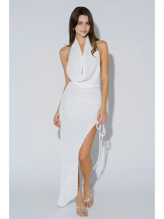 Asymmetrical Cowl Neck Ruched Maxi Dress