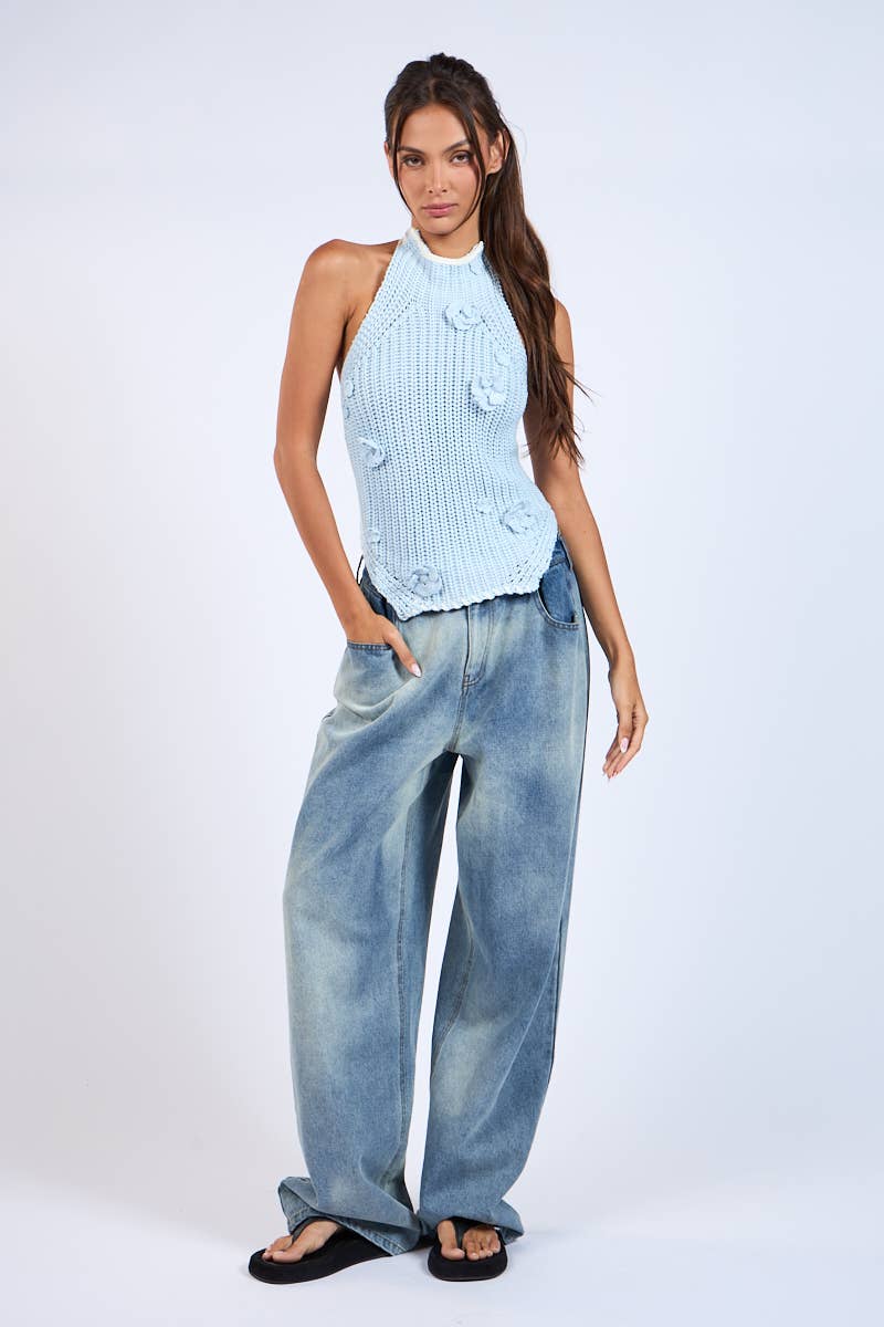 Backless Double Tie Flower Point Knit Sweater Top