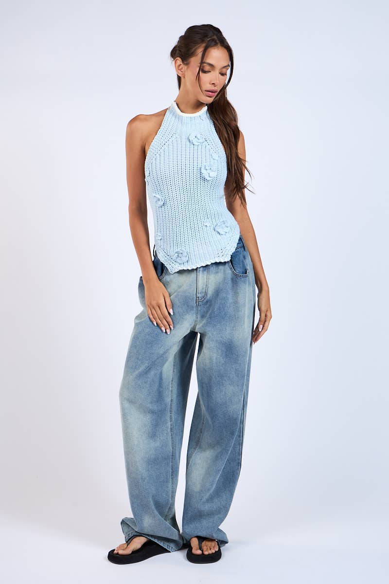 Backless Double Tie Flower Point Knit Sweater Top