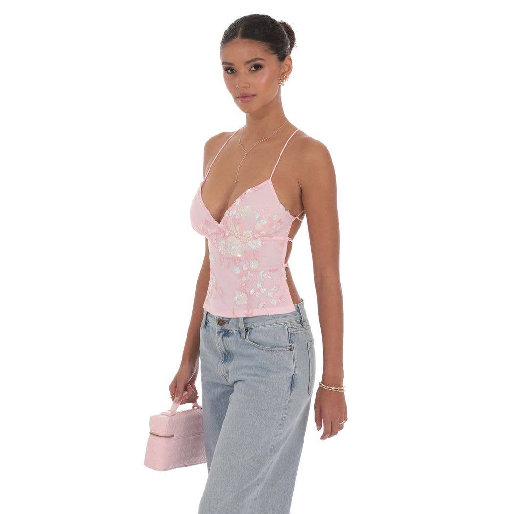 Open Back Sequin Floral Top