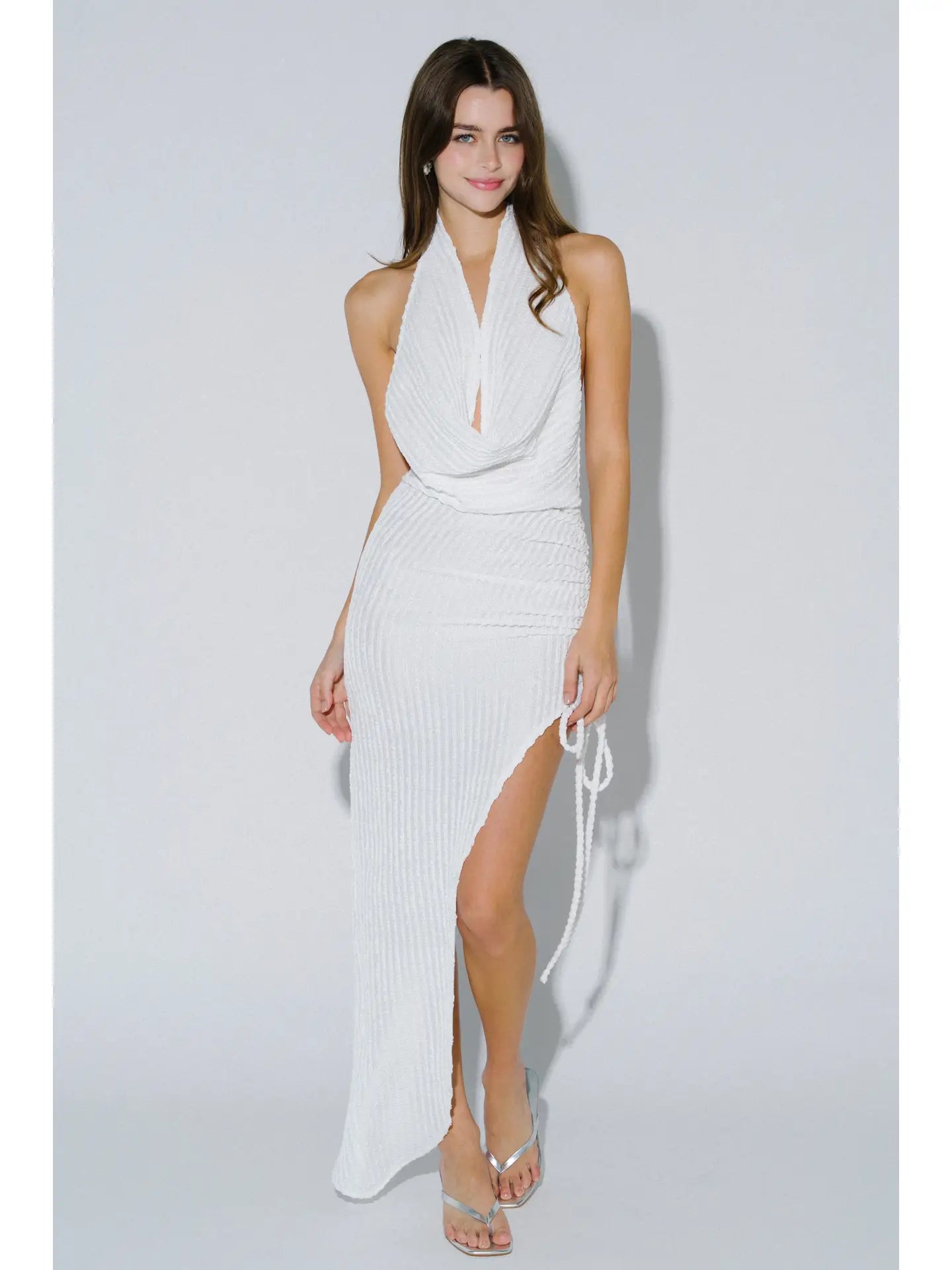 Asymmetrical Cowl Neck Ruched Maxi Dress