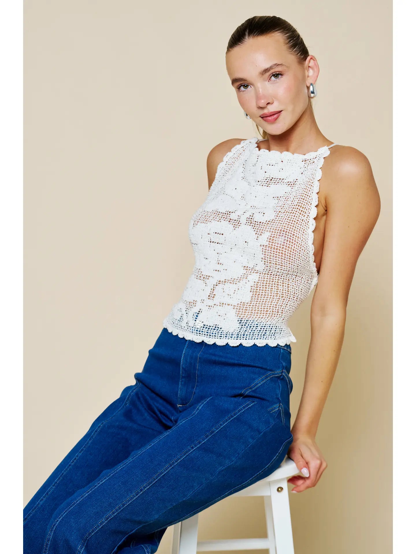 Floral Lace Crochet Lace-Up Back Tank Top