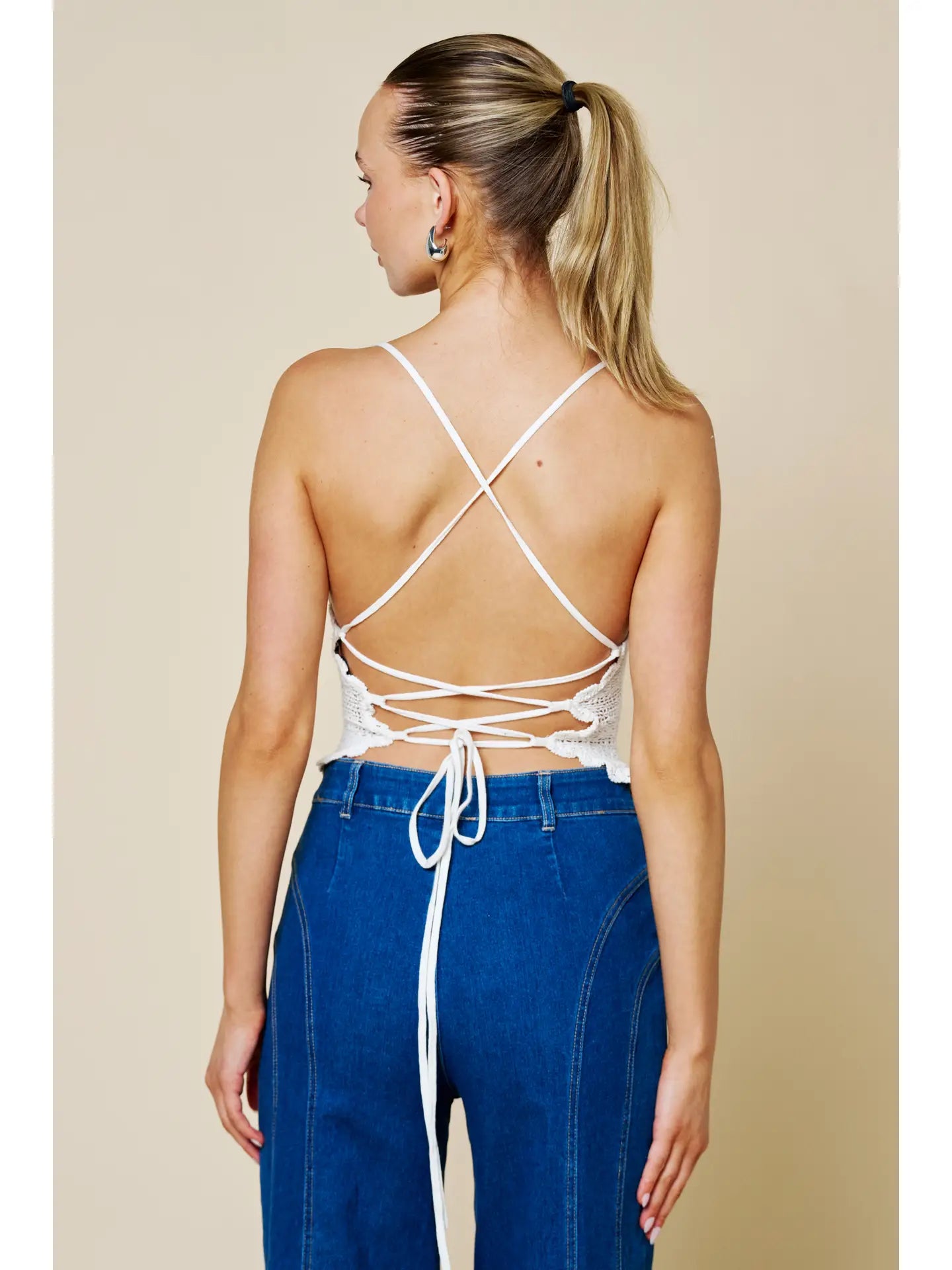 Floral Lace Crochet Lace-Up Back Tank Top