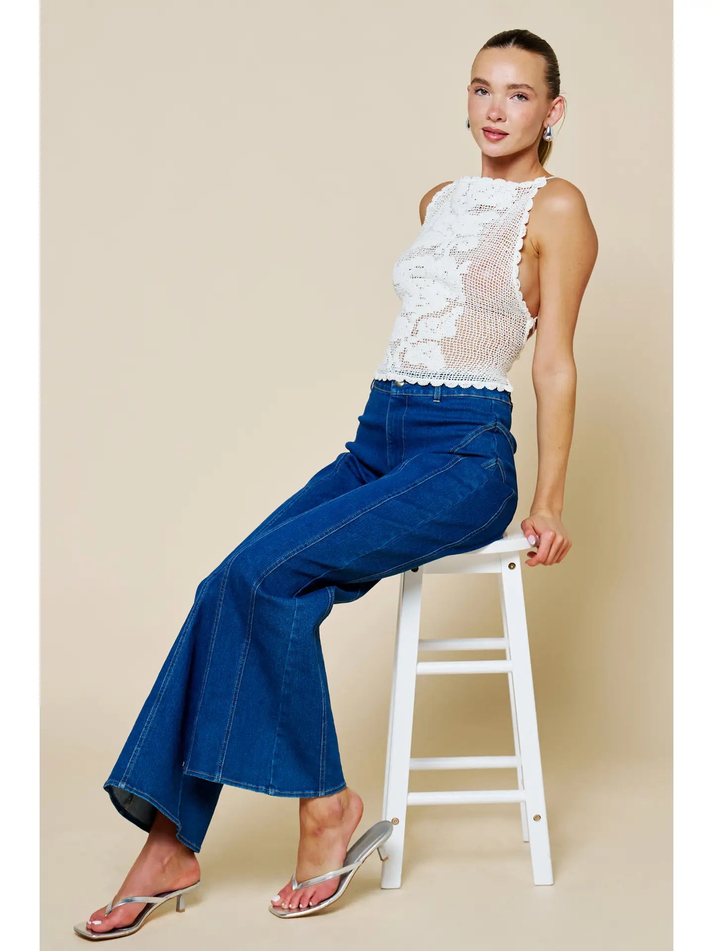 Floral Lace Crochet Lace-Up Back Tank Top