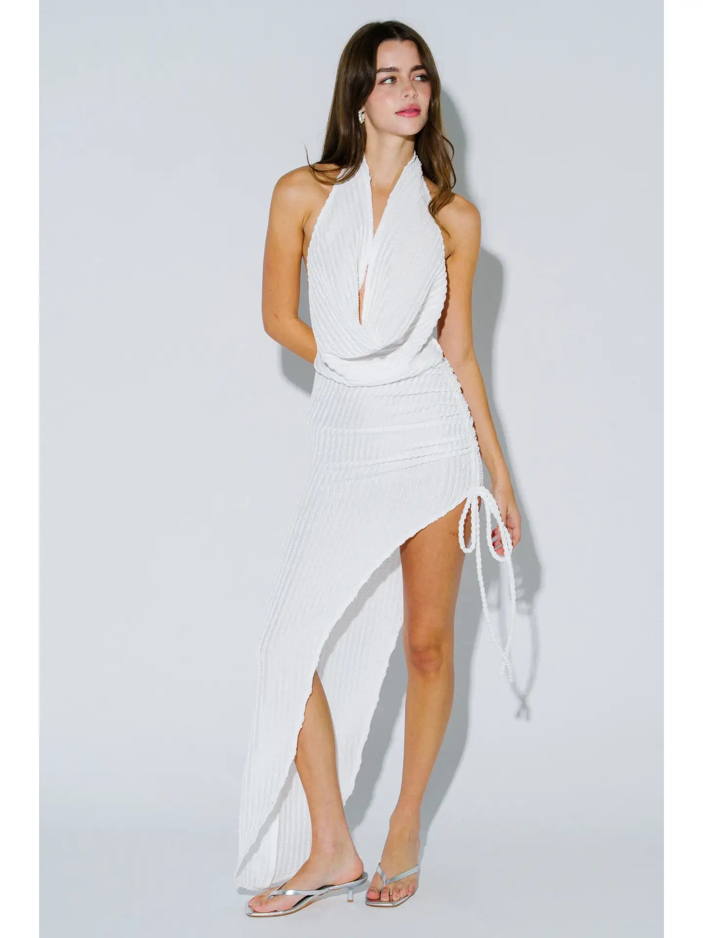 Asymmetrical Cowl Neck Ruched Maxi Dress