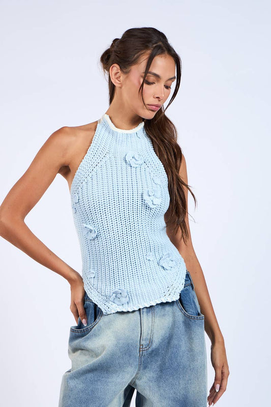 Backless Double Tie Flower Point Knit Sweater Top
